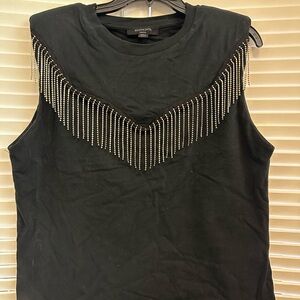 All Saints Gray Embellished Muscle Tee with Fringe